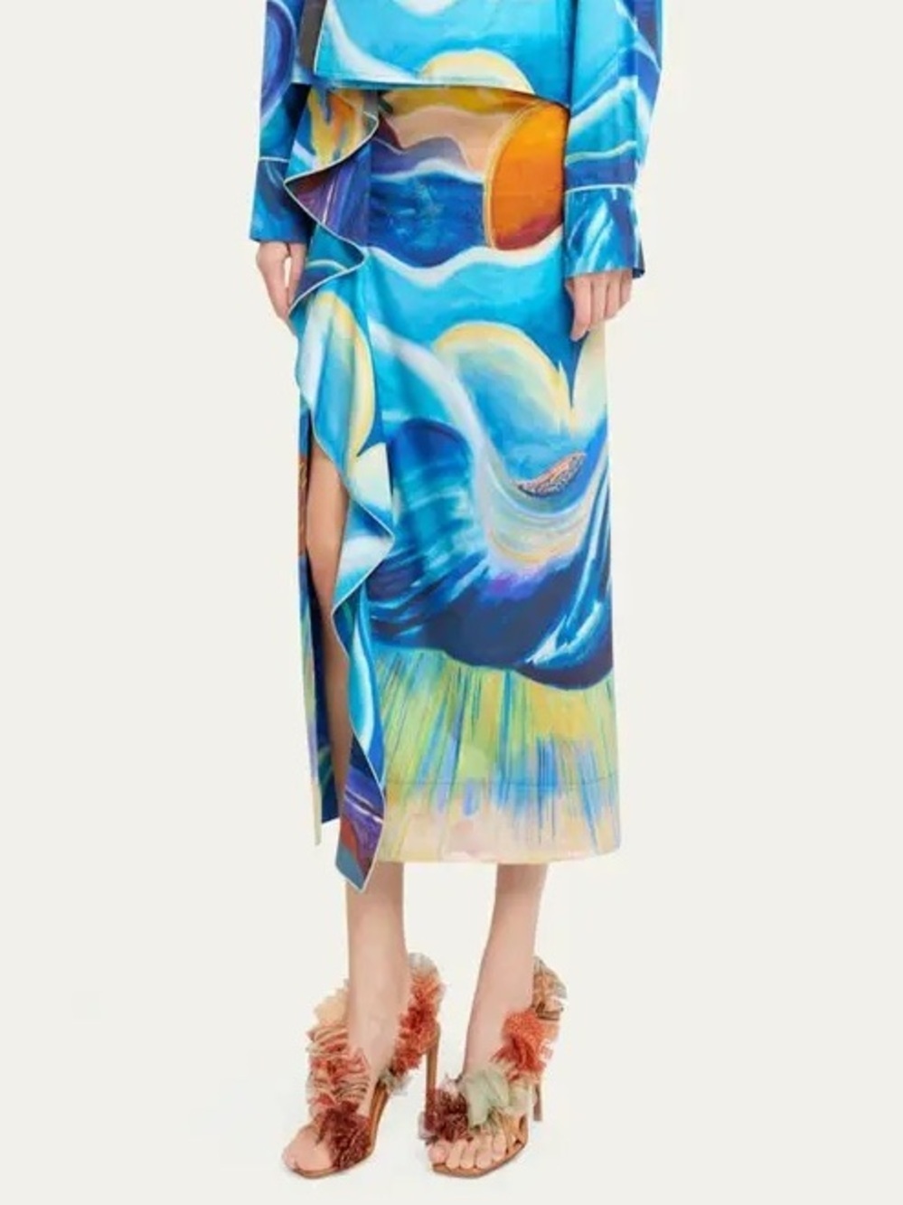 NWT Ulla Johnson 4 Nora Skirt Tuck Shara Hughes Ruffle Slit Abstract Art To Wear